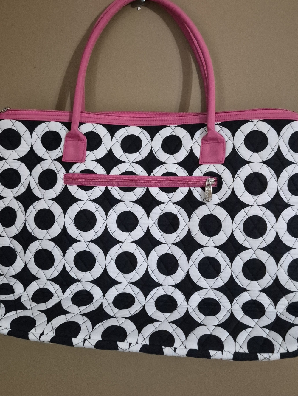 Black & White Circle Pattern Overnight Bag Or Diaper Bag with Pink Handles